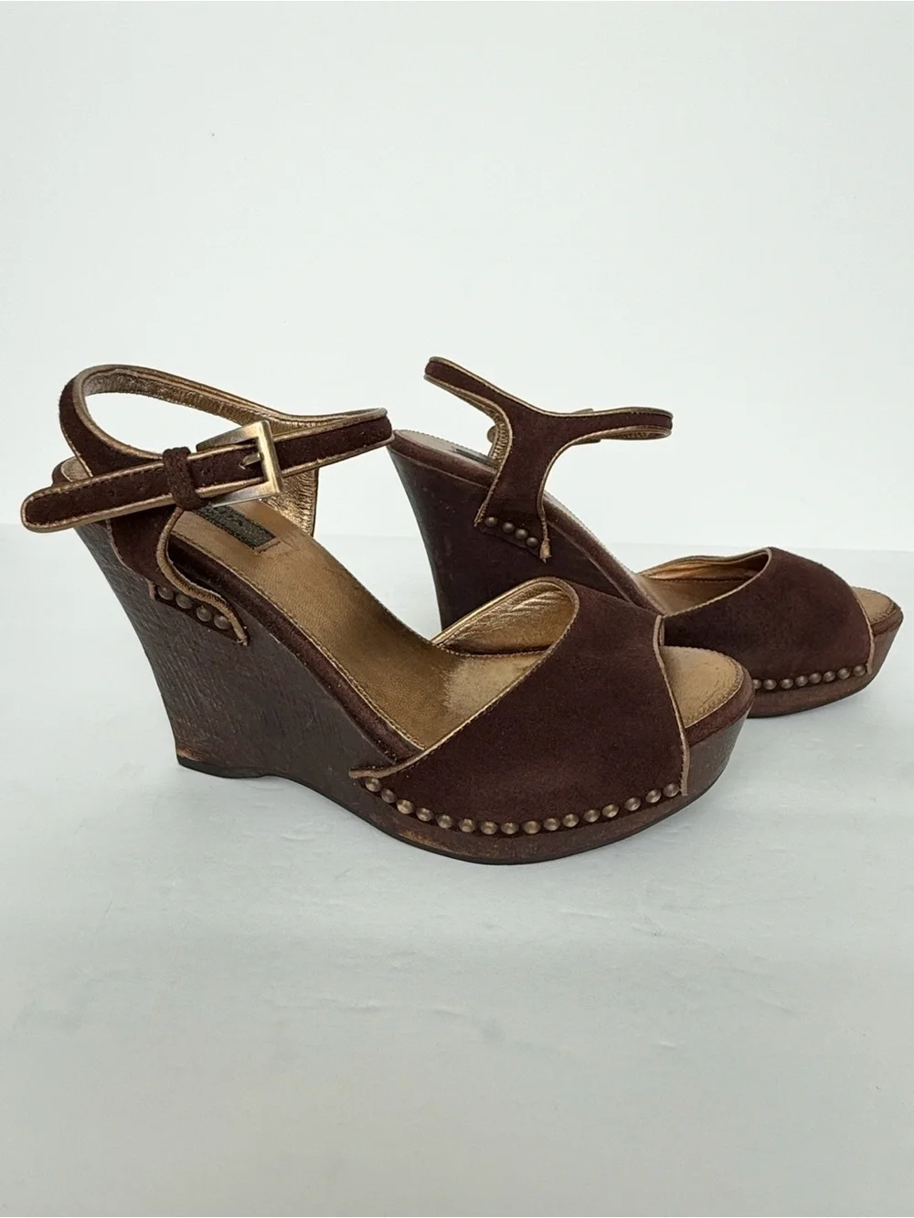 Vintage Prada Brown Suede Studded Platform Wedge Slingback Sandals 35.5/5.5